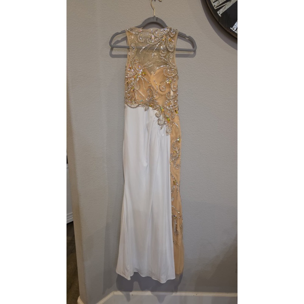 JVN by Jovani White and Gold Beaded Illusion-Back Evening Gown - Picture 9 of 16
